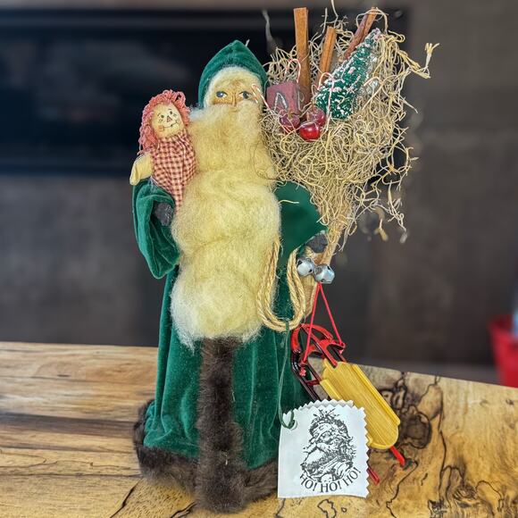 Primitive Santa Doll - Christmas Decor - Santa Claus  Primitive Folk Art Vintage Cloth Face Santa w Doll Christmas Tabletop Decor 11”